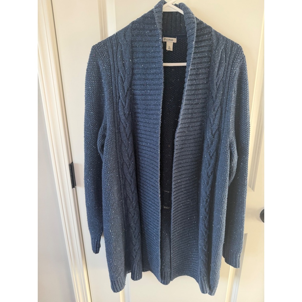 LL Bean Womens XL Navy Blue Donegal Cable Knit Open Front Cardigan Sweater